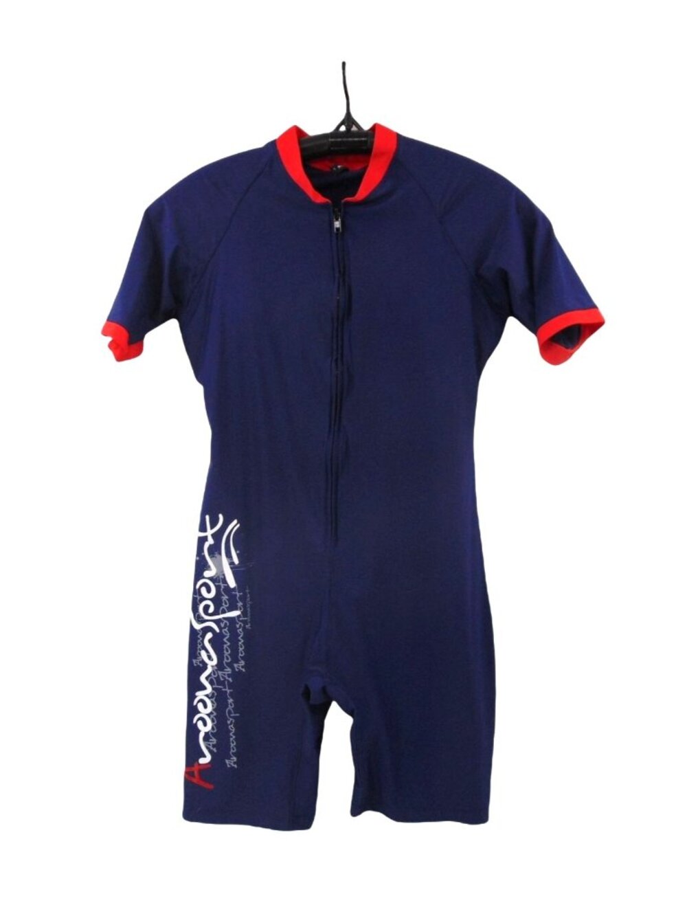 Aroona Womens Blue Swimsuit L Padilla Modest Swim Wear Zip Front Red Logo Swim